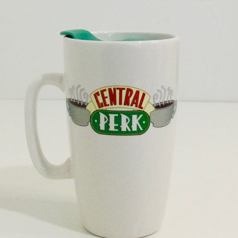 Friends , Central Perk White Ceramic Tall Mug with Green Lid , NWOT
